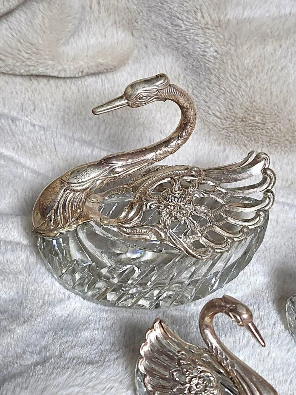 Vintage German Sterling Silver & Crystal Swan Master Salt Cellar Set of 3 - #F